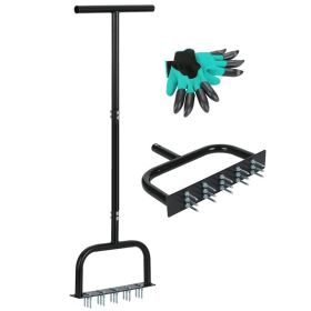 Lawn Aerator Tool Manual Metal Spike Grass Aeration With Dethatching Rake 15 Iron Spikes For Yard And Garden Compacted Soil Aerator Tool Black (Color: Black)